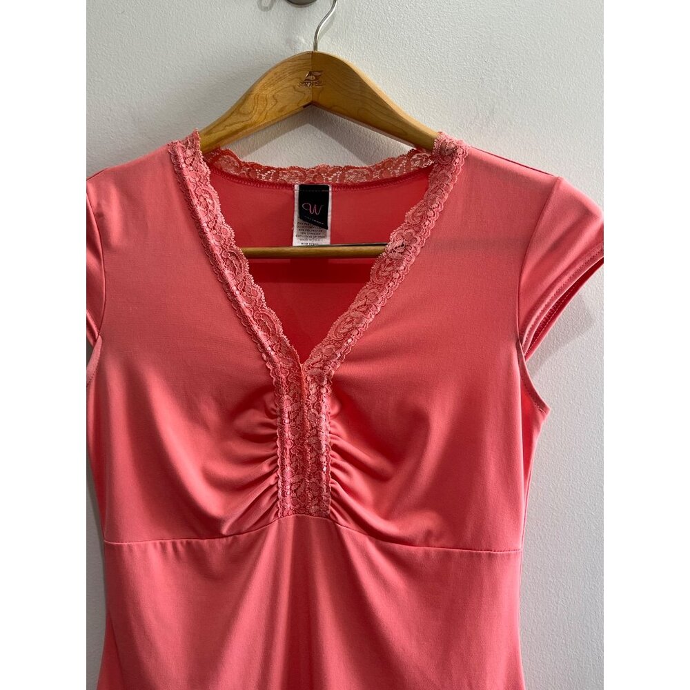 Y2K Wrapper V-Neck Blouse Womens M Peach with Lace Fitted Coquette - Picture 2 of 7